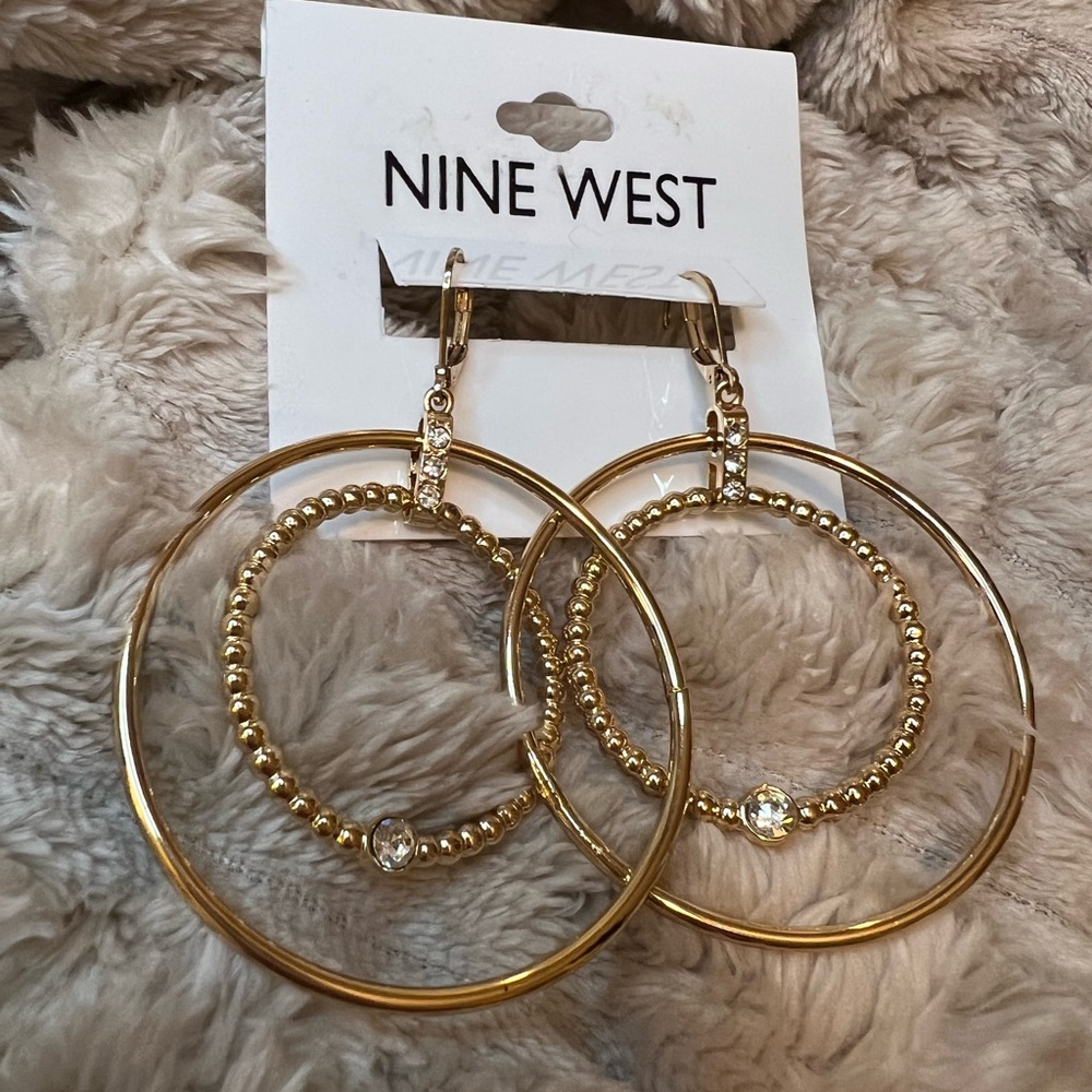 Nine West Gold and Crystal Hoop Earrings NWT